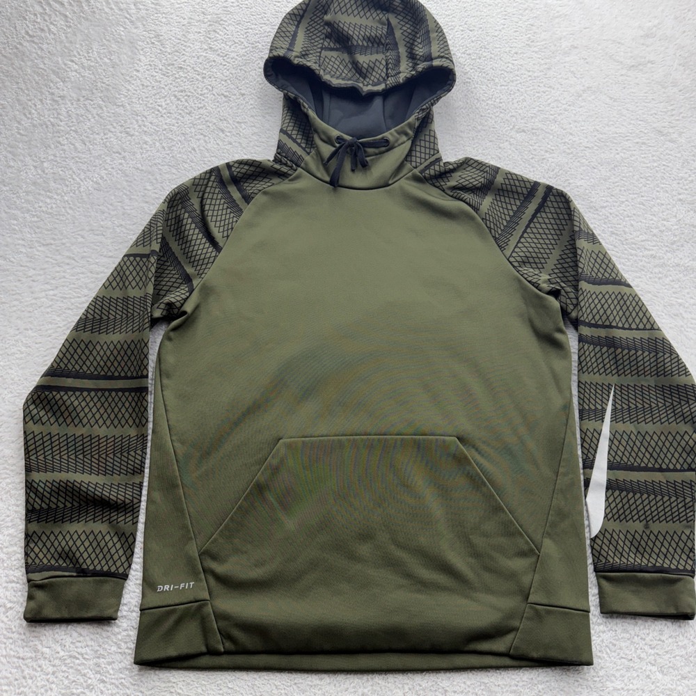Nike Mens Dri-FIT Olive Green Geometric Graphic Training Pullover Hoodie Size M
